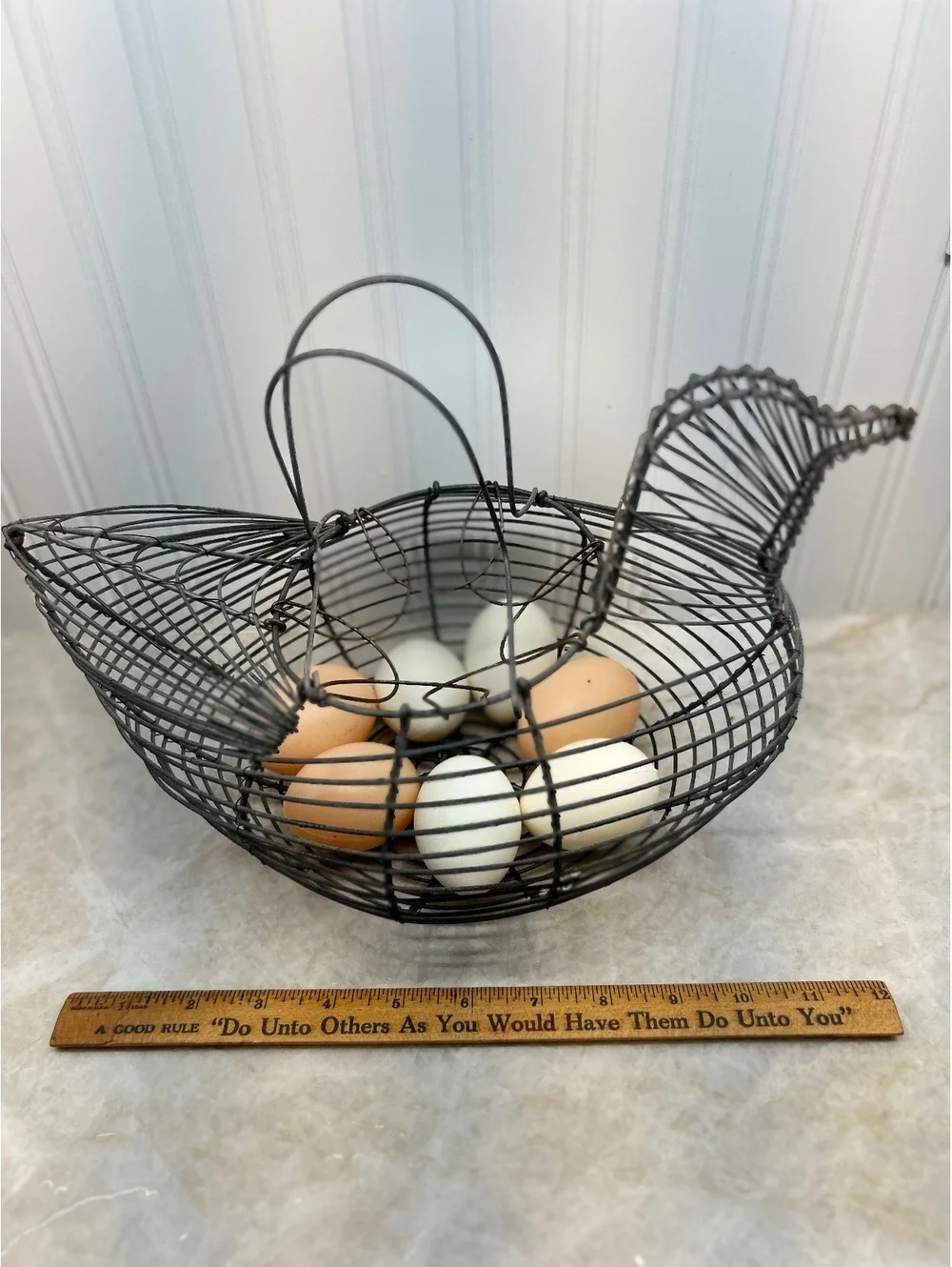Vintage Wire Chicken Egg Basket - Rustic Farmhouse Kitchen Decor